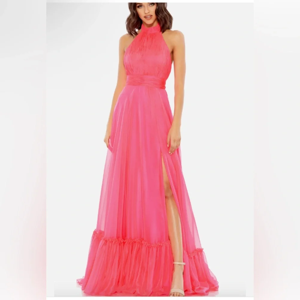 Mac Duggal High Neck Tiered Chiffon Halter Pink Gown 12 #67816